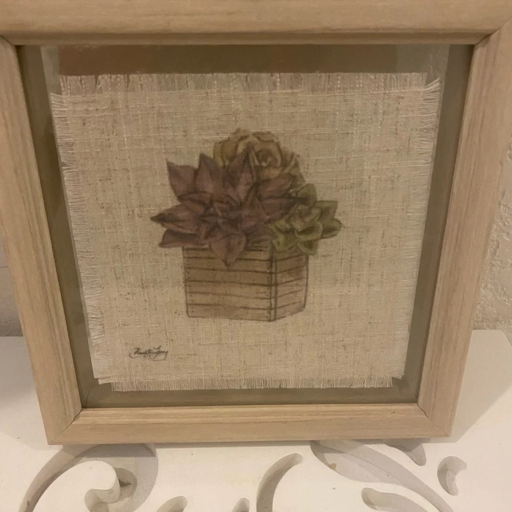 Vintage Signed Textured Fabric Botanical Wall Art with Natural Wood Frame 7”x 7”